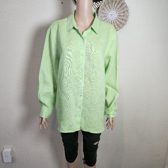 J Jill Top Womens Large Green Linen Button Up Long Sleeve Beach Cottage Coastal - Picture 4 of 9